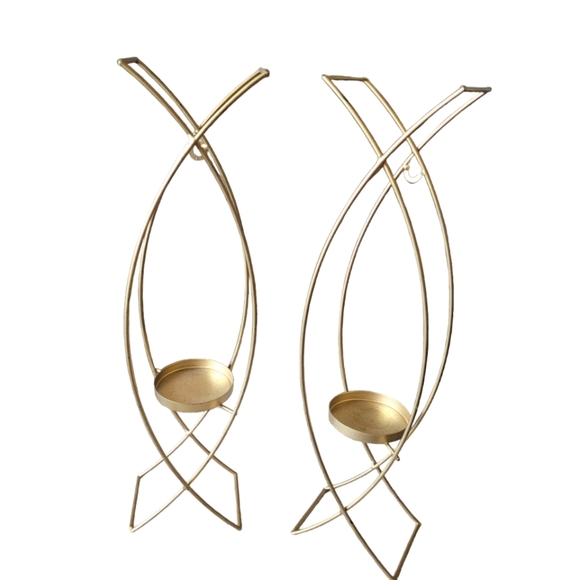 Contemporary Modern Gold Wire Metal Abstract Candle Holders 16 x 4 Set of 2 - Picture 1 of 4